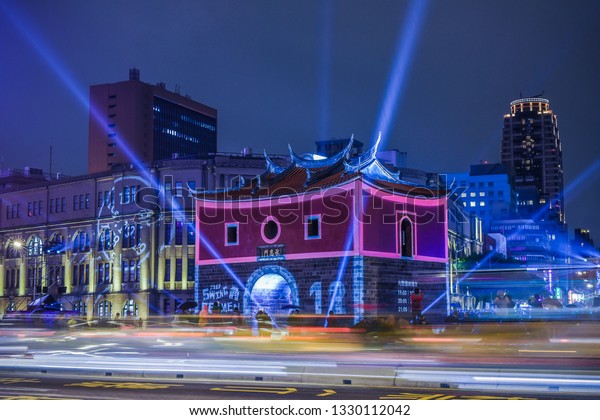Taipei, Taiwan-February 21, 2019 : Swing Beimen\
Projection Mapping Exhibition During Lantern Festival At Cheng-En\
Gate (North Gate Plaza)