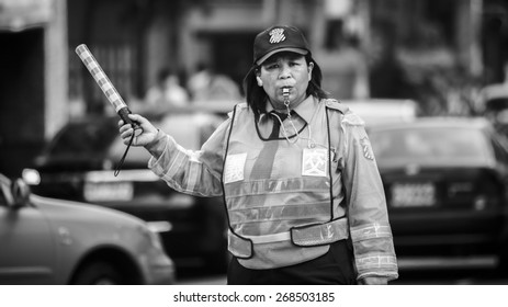 Taipei Ximending, Taiwan - April 4, 2015 : A Traffic Conductor In Taipei Ximending.