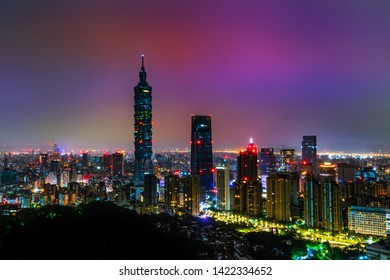 Taipei/Taiwan - 12/30/2018: The Beautiful Cityscape Night View Of Taipei At Midnight After Major Building Lights Off.