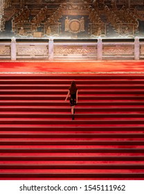 Taipei/Taiwan - September 2019: Asain Girl Standing On The Grand And Oriental Looking Staircase Of The Grand Hotel Taipei 