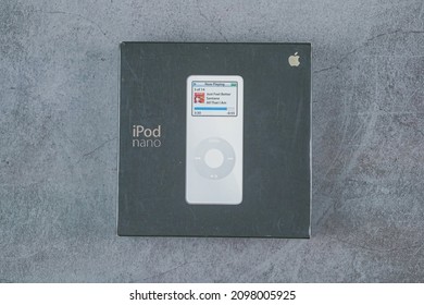Taipei,Taiwan-Dec 15 2021:The box of Apple iPod nano white 1st generation isolated on grey background 