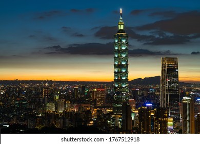 Taipei/Taiwan-June 17th 2020: Taipei city skyline at twilight, famous building and night scene in Taiwan, Taipei, background