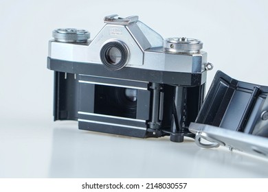 Taipei,Taiwan-Mar 10 2022:Zeiss Ikon Contaflex SLR film camera isolated on white background 