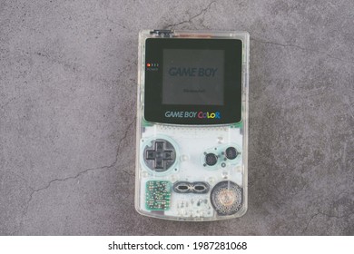 Taipei,Taiwan-May 01 2021:Nintendo Gameboy Color Clear Isolated On Grey Background 