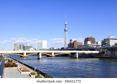Taito,Tokyo,Japan - February 13, 2017:View of Tokyo Sky Tree and Sumida River: Tokyo Sky Tree is the highest free-standing structure in Japan.