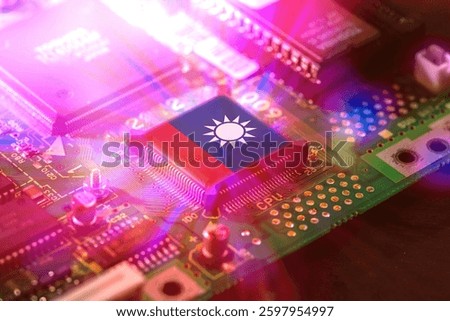 Taiwan flag on a CPU processor. Taiwanese Chip manufacturer concept, GPU microchip on a motherboard.