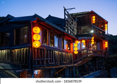 TAIWAN, NEW TAIPEI, Jiufen Village, OCT 2nd, 2019 - A Night Scene Of Teahouse Buildings Decorate With Orange Chinese Style Lantern.