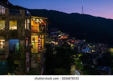 TAIWAN, NEW TAIPEI, Juifen Village, OCT 2nd, 2019 - Landscape View Of Teahouse And Mountain At Night.