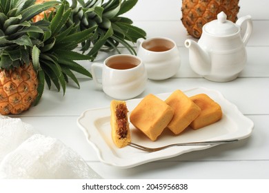 Taiwan Pineapple Cake Pastry, Taiwanese Famous Sweet Delicious Dessert Food (Nastar Taiwan or Nastar Hongkong), Served on White Plate Copy Space Design.