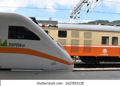 Taiwan, Taitung - November 27 2019: Train Station In The Sun. Taroko Train Waiting To Departure