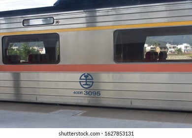 Taiwan, Taitung - November 27 2019: Train Station In The Sun. Taroko Train Waiting To Departure