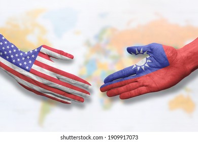 Taiwan And USA - Flag Handshake Symbolizing Partnership And Cooperation With The United States Of America