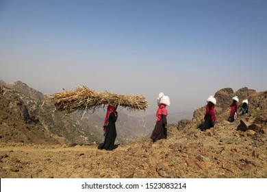 Taiz / Yemen - 02 Apr 2017: Women Bring Their Food And Drink Needs Through Rugged Mountain Roads Because Of  Al-Houthi Militia Siege Of The Villages Of Jabal Habashi District In The  West Of Taiz City