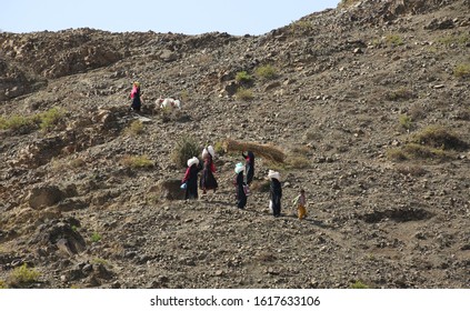 Taiz  Yemen - 02 Apr 2017: Women Bring Their Food And Drink Needs Through Rugged Mountain Roads Because Of Al-Houthi Militia Siege Of The Villages Of Jabal Habashi District In The West Of Taiz City