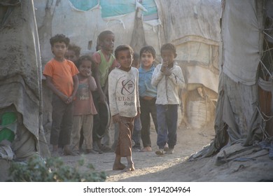 Taiz, Yemen- 04 Feb 2021:Children playing in a camp for displaced people from the war in Yemen, Taiz