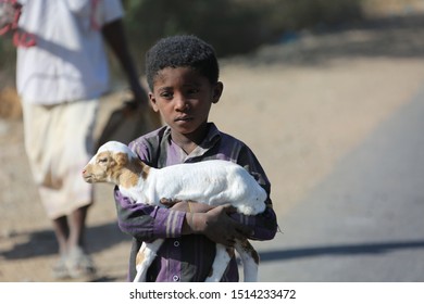 Taiz / Yemen - 09 Feb 2017 : A Sad Yemeni Child During His Displacement From His Village Due To The War Of The Houthi Militia In The City Of Taiz