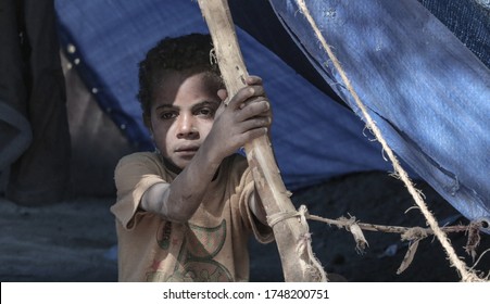 Taiz  Yemen - 09 Feb 2017 : A Yemeni child, saddened by the displacement from his home, he and his family live in the open due to the ongoing war in the city of Taiz
