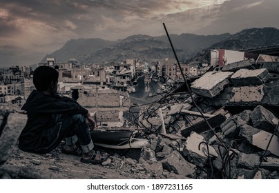  Taiz  Yemen - 22 Aug 2016 : A Child From Taiz City Sits On The Ruins Of His Ruined Home Because Of The War On City-Yemen.