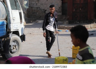 Taiz, Yemen April 13,2022
A Young Man Stands With A Prosthetic Foot After His Foot Was Amputated Due To A Shell Fired By The Houthis That Fell Next To His House