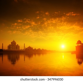 Taj Mahal in Agra, India in golden sunset.