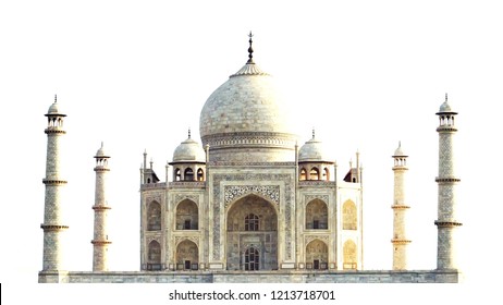 Taj Mahal in Agra, India, no people, isolated on white background.