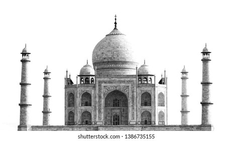 Taj Mahal, black and white, isolated on white background. - Shutterstock ID 1386735155