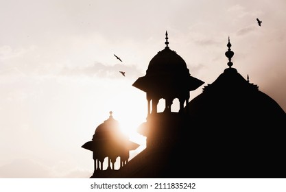 Taj Mahal dome, Agra city, India, March 2019. Sunrise time, birds are flying around the Taj Mahal's dome, silhouette building, dome, beautiful dome view.