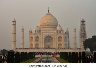 Taj Mahal Full View On A Hazy Winter Morning. India's Most Visited Tourist Destination, The White Marble Of Taj Is Depleting Due To Pollution Around Agra, Uttar Pradesh, India.