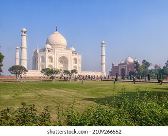 The Taj Mahal is an ivory-white marble mausoleum on the  bank of the Yamuna river in the Indian city of Agra. It was commissioned in 1632 by the Mughal emperor, to house the tomb of his favorite wife.
