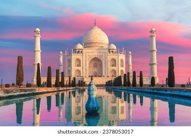 Taj Mahal main view on the sunset, famous marble mausoleum of Agra, Uttar Pradesh, India