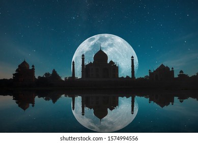 Taj Mahal At Night Under The Moonlight