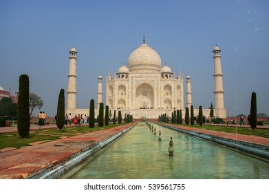 Taj Mahal with reflecting pool in Agra, Uttar Pradesh, India. It was build in 1632 by Emperor Shah Jahan as a memorial for his second wife Mumtaz Mahal.