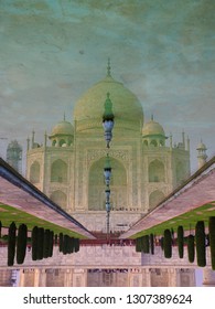 Taj Mahal Reflection in Fountain's water in Agra, India. Upside down image.