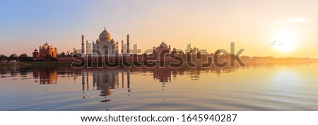 Taj Mahal sunset panorama, India, view from the Yamuna river, Agra