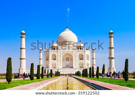 The Taj Mahal is a white marble mausoleum located in the city of Agra, India. Taj Mahal is one of Seven Wonders of the World.