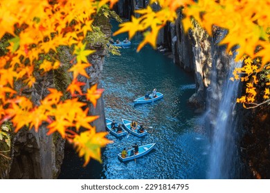 Takachiho Gorge in Mitazaki Prefecture is a narrow chasm cut through the rock by the Gokase River, plenty activities for tourists such as rowing and trekking through beautiful nature