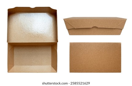 Take away cardboard food boxes isolated on white background with clipping path. Collection of empty craft paper lunch box mockup with copy space.