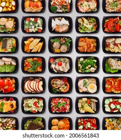 Take Away Food. Set Of Black Plastic Containers With Healthy Daily Meals Flat Lay Over White Background, Collection Of Delicious Low Fat Eats In Boxes For Delivery, Creative Collage, Top View