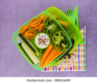 Take Away Food. Tasty Vegetarian Food In Plastic Lunch Box On Gray Background. Bento Box.