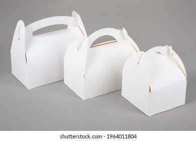 Take Away Three Mockup White Empty To Go Cake Box On Grey Background Isolated