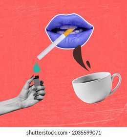 Take A Break. Working Free Time. Contemporary Art Collage In Vintage Style Of Female Hand Lightning Cigarette In Girl Mouth With Blue Lipstick. Coffee Break. Concept Of Leisure Time, Resting, Ad