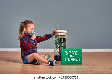 Take Care Of Nature And Save Planet For Future Generations. Little Girl In Oxygen Mask Isolated Gray Background. Save The Planet Sign