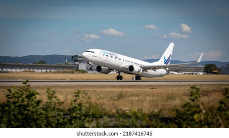 Take Off Airplane In Euroairport In Saint Louis In France On July 2022