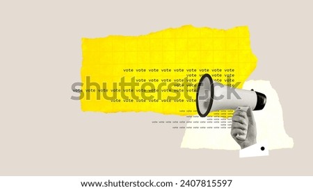Take responsibility and vote for candidate. Human hand holding megaphone over pastel background with bright element. Contemporary art. Concept of voting day, democracy, politics, choice, opinion