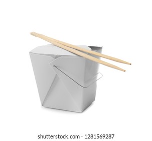 Takeaway Box With Chinese Food And Chopsticks On White Background