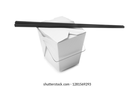 Takeaway Box With Chinese Food And Chopsticks On White Background