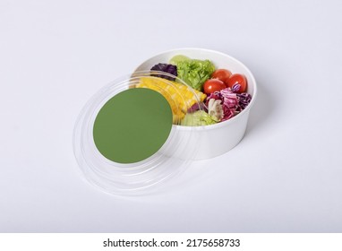 Takeaway Food Container Round Box Mockup With Vegetable And Fruit, Copy Space For Your Logo Or Graphic Design