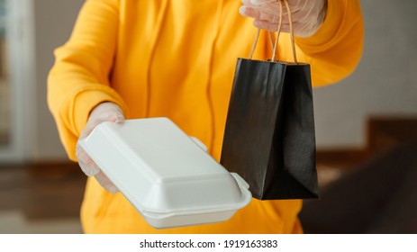 Takeaway Food Paper Bag, Styrofoam Container. Food Bag Lunch Mock Up Package To Go In Takeaway Restaurant. Kitchen Worker Issues Online Orders In Gloves. Contactless Food Delivery. Long Web Banner