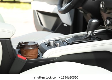 Takeaway Paper Coffee Cup In Holder Inside Car