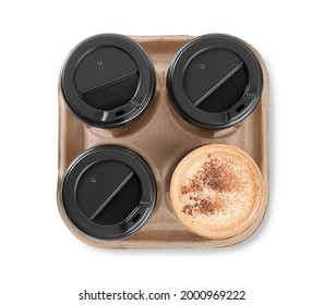 Takeaway Paper Coffee Cups In Cardboard Holder On White Background, Top View